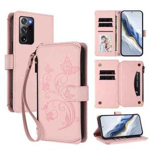 For Samsung Galaxy Note20 Ultra Butterfly Love Flower Multi-card Zipper Wallet Leather Phone Case(Pink)