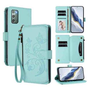 For Samsung Galaxy Note20 Butterfly Love Flower Multi-card Zipper Wallet Leather Phone Case(Mint Green)