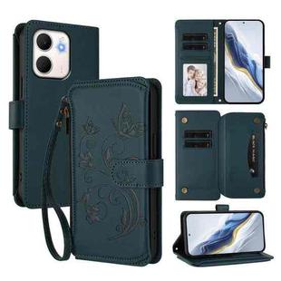 For OPPO A5x 5G / 4G Global Butterfly Love Flower Multi-card Zipper Wallet Leather Phone Case(Dark Green)