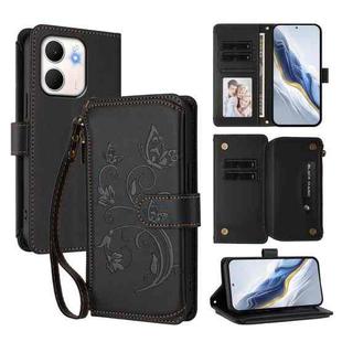 For OPPO A5x 5G / 4G Global Butterfly Love Flower Multi-card Zipper Wallet Leather Phone Case(Black)