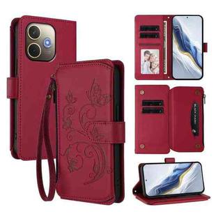 For OPPO A5 Pro 5G / 4G Global Butterfly Love Flower Multi-card Zipper Wallet Leather Phone Case(Wine Red)