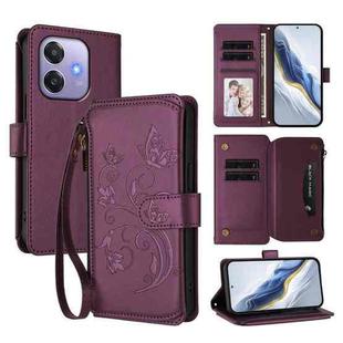 For OPPO A3x / A3 / A60 5G Global Butterfly Love Flower Multi-card Zipper Wallet Leather Phone Case(Dark Purple)