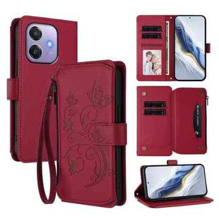 For OPPO A3x / A3 / A60 5G Global Butterfly Love Flower Multi-card Zipper Wallet Leather Phone Case(Wine Red)
