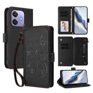 For OPPO A3x / A3 / A60 5G Global Butterfly Love Flower Multi-card Zipper Wallet Leather Phone Case(Black)