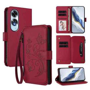 For OPPO A60 4G Global Butterfly Love Flower Multi-card Zipper Wallet Leather Phone Case(Wine Red)