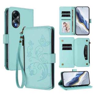 For OPPO A58 4G Global Butterfly Love Flower Multi-card Zipper Wallet Leather Phone Case(Mint Green)