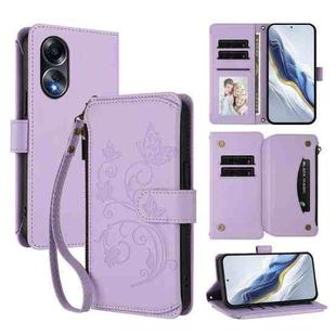For OPPO A58 4G Global Butterfly Love Flower Multi-card Zipper Wallet Leather Phone Case(Light Purple)