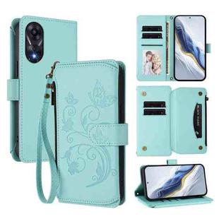 For OPPO A78 4G Global Butterfly Love Flower Multi-card Zipper Wallet Leather Phone Case(Mint Green)