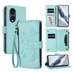 For OPPO Reno8 T 5G Global /  A1 Pro 5G Butterfly Love Flower Multi-card Zipper Wallet Leather Phone Case(Mint Green)