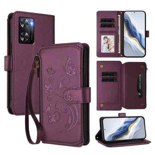 For OPPO A57 / A77 / A57s 4G Global Butterfly Love Flower Multi-card Zipper Wallet Leather Phone Case(Dark Purple)