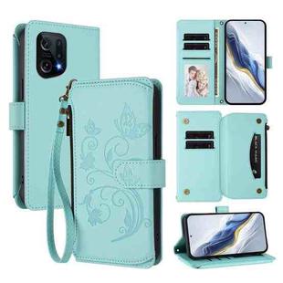 For OPPO Find X5 Butterfly Love Flower Multi-card Zipper Wallet Leather Phone Case(Mint Green)