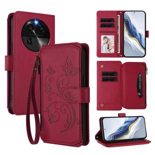 For OPPO Find X6 5G Butterfly Love Flower Multi-card Zipper Wallet Leather Phone Case(Wine Red)
