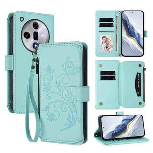 For OPPO Find X7 Butterfly Love Flower Multi-card Zipper Wallet Leather Phone Case(Mint Green)