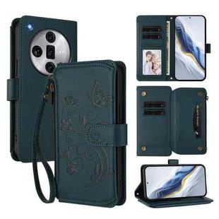 For OPPO Find X7 Ultra Butterfly Love Flower Multi-card Zipper Wallet Leather Phone Case(Dark Green)