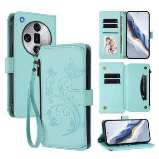 For OPPO Find X7 Ultra Butterfly Love Flower Multi-card Zipper Wallet Leather Phone Case(Mint Green)