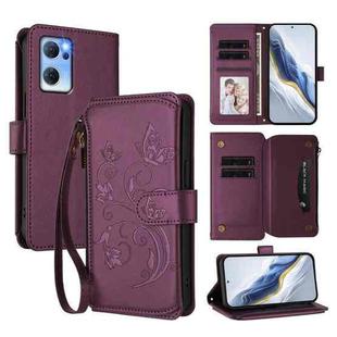 For OPPO Reno7 5G Global / Find X5 Lite Butterfly Love Flower Multi-card Zipper Wallet Leather Phone Case(Dark Purple)