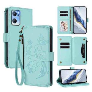 For OPPO Reno7 5G Global / Find X5 Lite Butterfly Love Flower Multi-card Zipper Wallet Leather Phone Case(Mint Green)