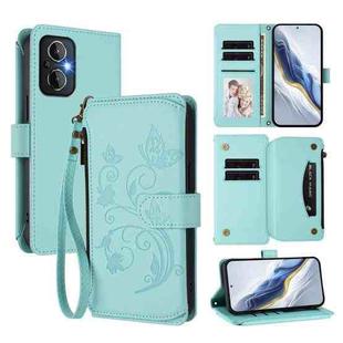 For OPPO Reno8 4G / Reno7 4G Global Butterfly Love Flower Multi-card Zipper Wallet Leather Phone Case(Mint Green)