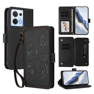 For OPPO Reno8 5G Butterfly Love Flower Multi-card Zipper Wallet Leather Phone Case(Black)