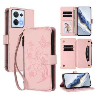 For OPPO Reno8 5G Butterfly Love Flower Multi-card Zipper Wallet Leather Phone Case(Pink)