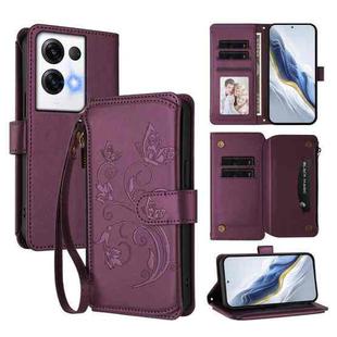 For OPPO Reno8 Pro 5G Butterfly Love Flower Multi-card Zipper Wallet Leather Phone Case(Dark Purple)