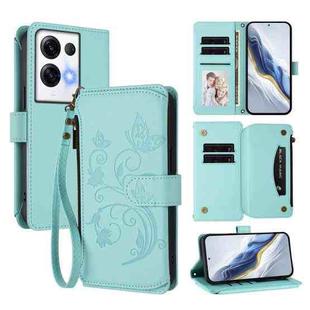For OPPO Reno8 Pro 5G Butterfly Love Flower Multi-card Zipper Wallet Leather Phone Case(Mint Green)