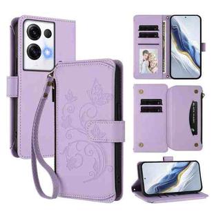 For OPPO Reno8 Pro 5G Butterfly Love Flower Multi-card Zipper Wallet Leather Phone Case(Light Purple)