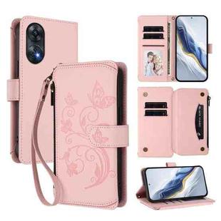 For OPPO Reno8 T 4G Global Butterfly Love Flower Multi-card Zipper Wallet Leather Phone Case(Pink)