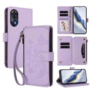For OPPO Reno8 T 4G Global Butterfly Love Flower Multi-card Zipper Wallet Leather Phone Case(Light Purple)