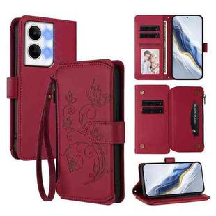 For OPPO Reno9 / Reno9 Pro 5G Butterfly Love Flower Multi-card Zipper Wallet Leather Phone Case(Wine Red)