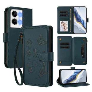 For OPPO Reno9 / Reno9 Pro 5G Butterfly Love Flower Multi-card Zipper Wallet Leather Phone Case(Dark Green)
