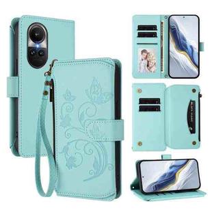 For OPPO Reno10 / Reno10 Pro 5G Global Butterfly Love Flower Multi-card Zipper Wallet Leather Phone Case(Mint Green)