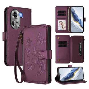 For OPPO Reno11 5G Global Butterfly Love Flower Multi-card Zipper Wallet Leather Phone Case(Dark Purple)