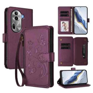 For OPPO Reno11 Pro 5G Global Butterfly Love Flower Multi-card Zipper Wallet Leather Phone Case(Dark Purple)