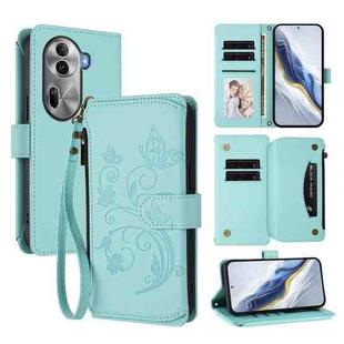 For OPPO Reno11 Pro 5G Global Butterfly Love Flower Multi-card Zipper Wallet Leather Phone Case(Mint Green)