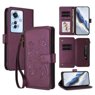 For OPPO Reno11 F 5G Global Butterfly Love Flower Multi-card Zipper Wallet Leather Phone Case(Dark Purple)