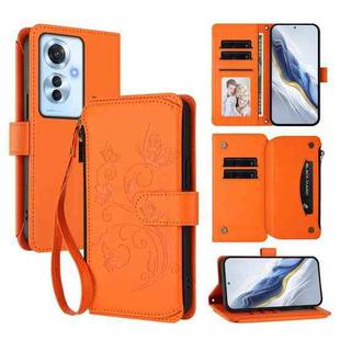 For OPPO Reno11 F 5G Global Butterfly Love Flower Multi-card Zipper Wallet Leather Phone Case(Orange)
