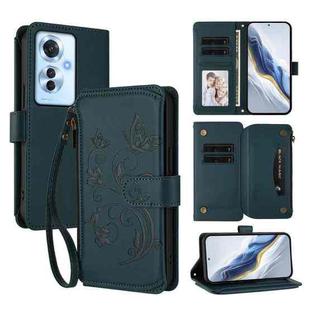 For OPPO Reno11 F 5G Global Butterfly Love Flower Multi-card Zipper Wallet Leather Phone Case(Dark Green)