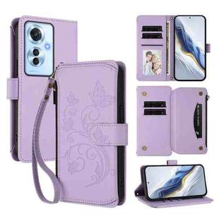For OPPO Reno11 F 5G Global Butterfly Love Flower Multi-card Zipper Wallet Leather Phone Case(Light Purple)
