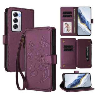 For OPPO Reno12 5G Global Butterfly Love Flower Multi-card Zipper Wallet Leather Phone Case(Dark Purple)