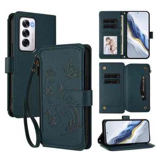 For OPPO Reno12 5G Global Butterfly Love Flower Multi-card Zipper Wallet Leather Phone Case(Dark Green)