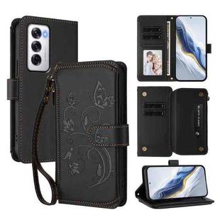 For OPPO Reno12 5G Global Butterfly Love Flower Multi-card Zipper Wallet Leather Phone Case(Black)