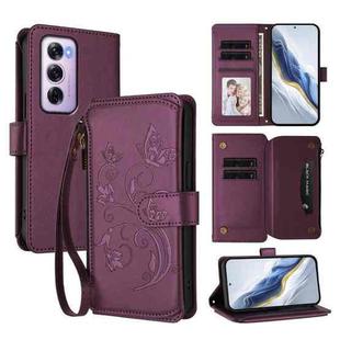 For OPPO Reno12 Pro 5G Global Butterfly Love Flower Multi-card Zipper Wallet Leather Phone Case(Dark Purple)