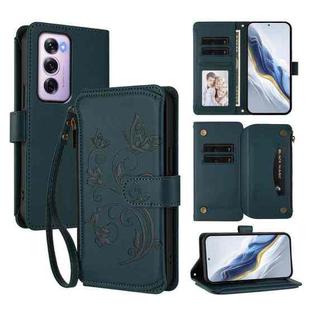 For OPPO Reno12 Pro 5G Global Butterfly Love Flower Multi-card Zipper Wallet Leather Phone Case(Dark Green)