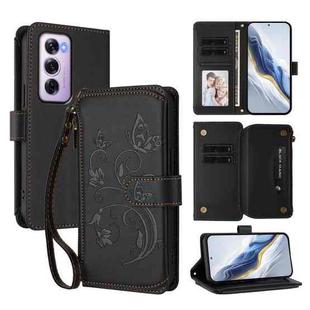 For OPPO Reno12 Pro 5G Global Butterfly Love Flower Multi-card Zipper Wallet Leather Phone Case(Black)