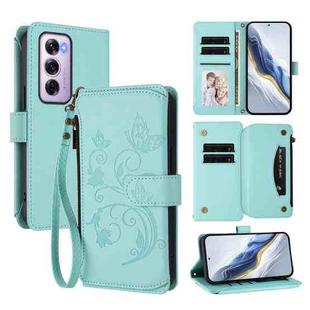 For OPPO Reno12 Pro 5G Global Butterfly Love Flower Multi-card Zipper Wallet Leather Phone Case(Mint Green)