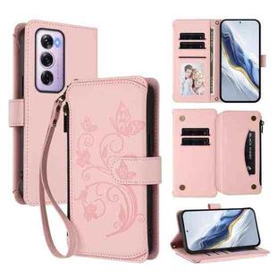For OPPO Reno12 Pro 5G Global Butterfly Love Flower Multi-card Zipper Wallet Leather Phone Case(Pink)