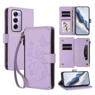 For OPPO Reno12 Pro 5G Global Butterfly Love Flower Multi-card Zipper Wallet Leather Phone Case(Light Purple)