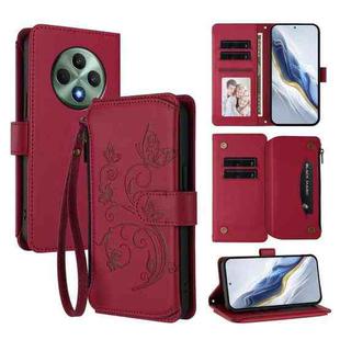 For OPPO Reno12 F 5G / 4G Butterfly Love Flower Multi-card Zipper Wallet Leather Phone Case(Wine Red)