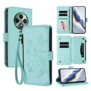 For OPPO Reno12 F 5G / 4G Butterfly Love Flower Multi-card Zipper Wallet Leather Phone Case(Mint Green)